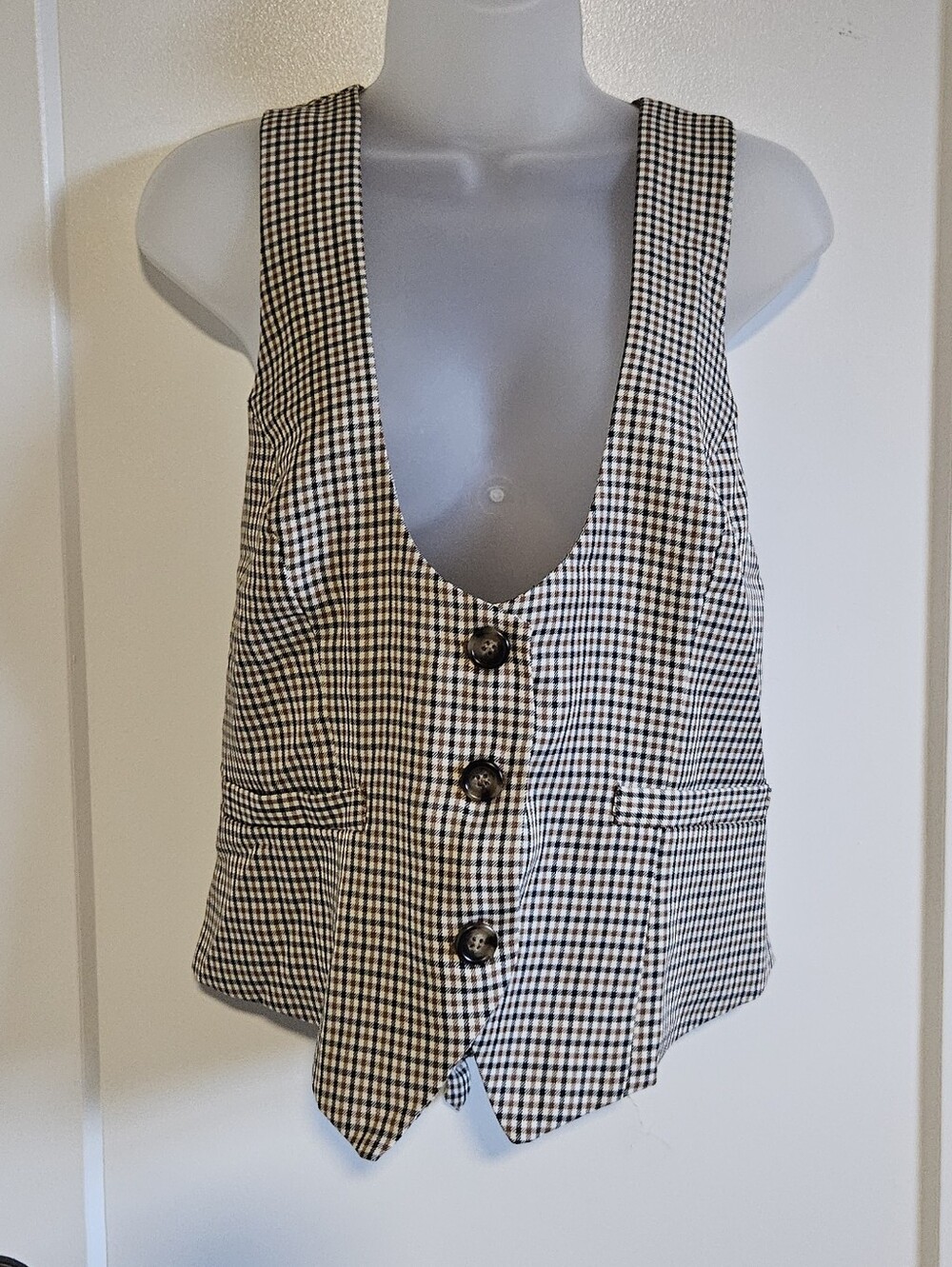 Grace Karin Black and White Gingham Button-Front Vest NWT XL
